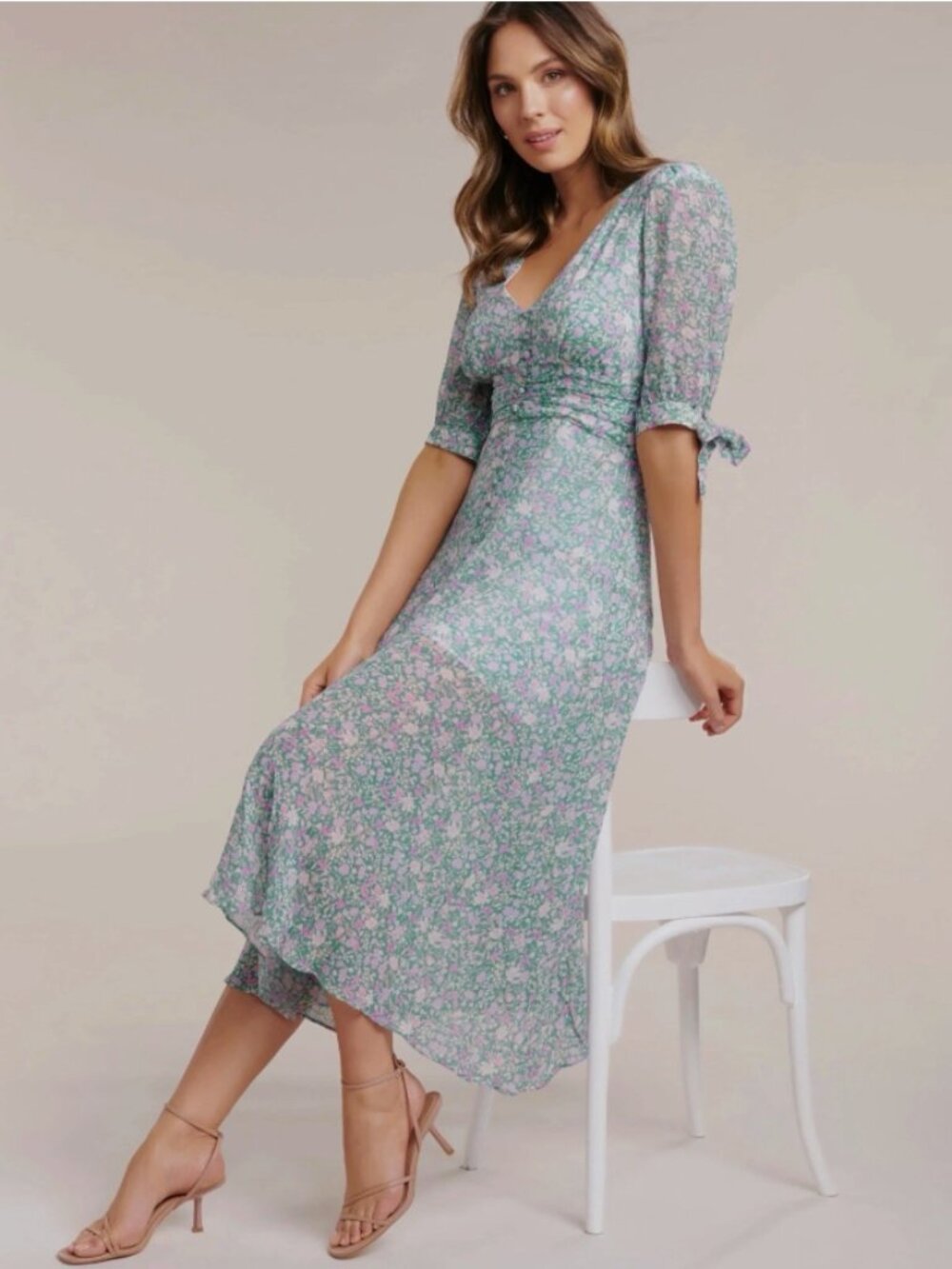 Forever New Melbourne Sadie Tie Maxi Dress Meadow Ditsy Floral Blue/Green Sz 16